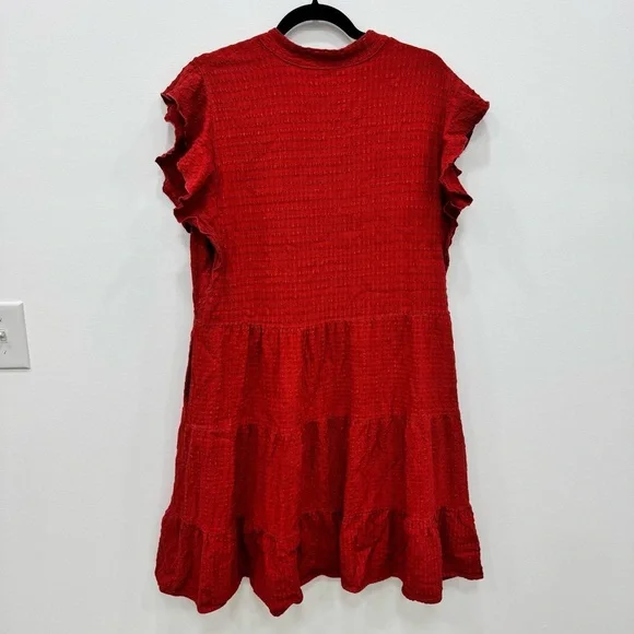Anthropologie Amadi Flutter Sleeve Ruffle Tiered Red Dress Sz Large textured - Picture 3 of 5